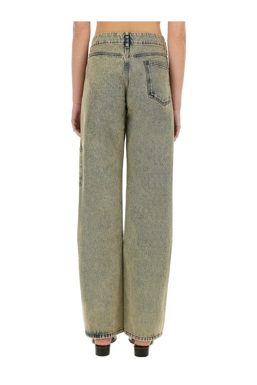 Back view of paloma wool women’s wide-leg denim jeans in faded washed-out greenish-blue with classic stitching and pockets