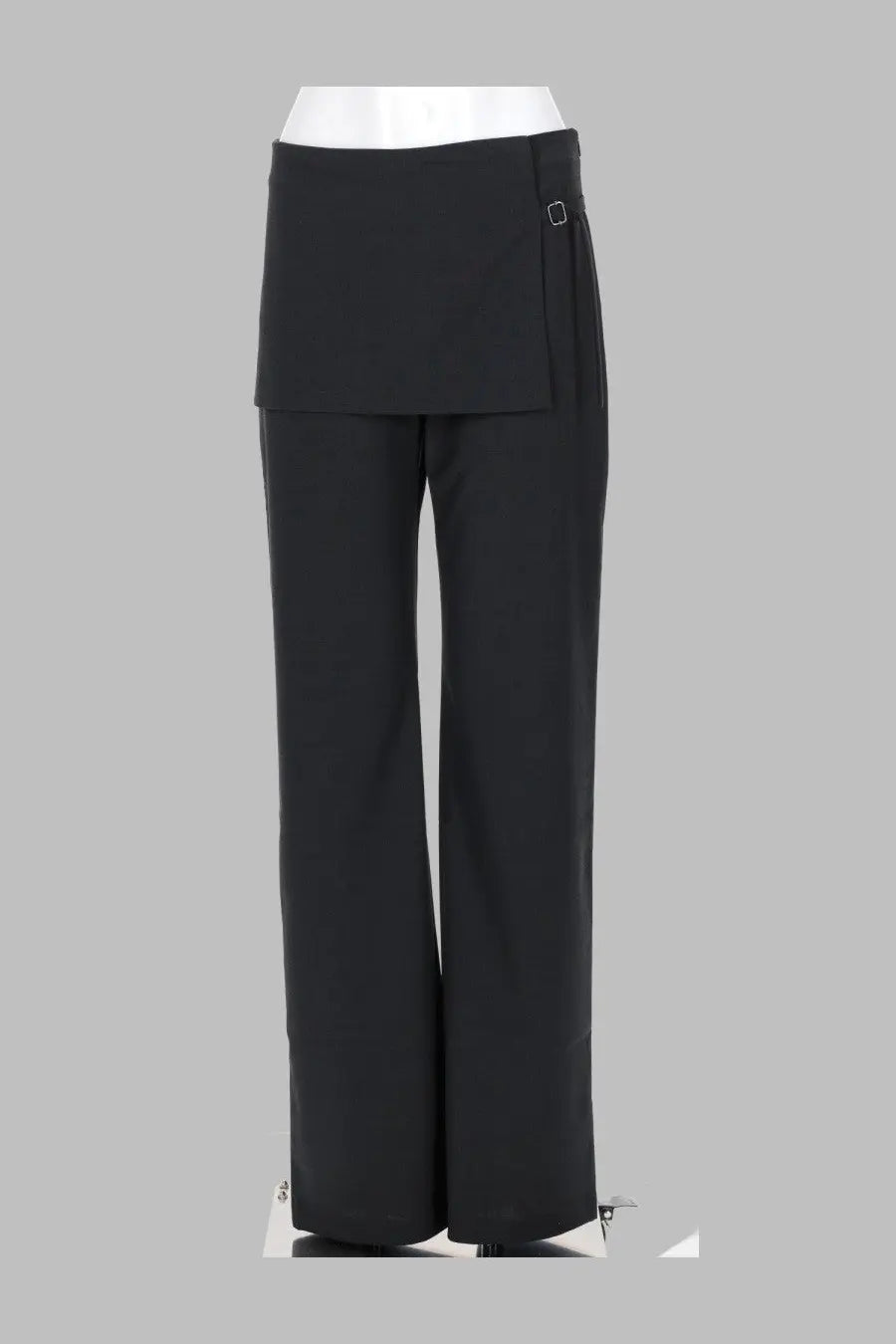 Paloma Wool women’s pantalone archive grey black wide-leg trousers with draped front panel and metallic buckle side detail