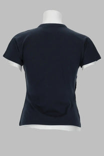 Navy blue short-sleeved Paloma Wool womens t-shirt Olimpia Blue with white trim on sleeves and hem