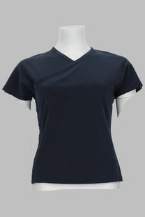Navy blue short-sleeved v-neck top with cross-over front design from Paloma Wool womens shirt Olimpia Blue collection