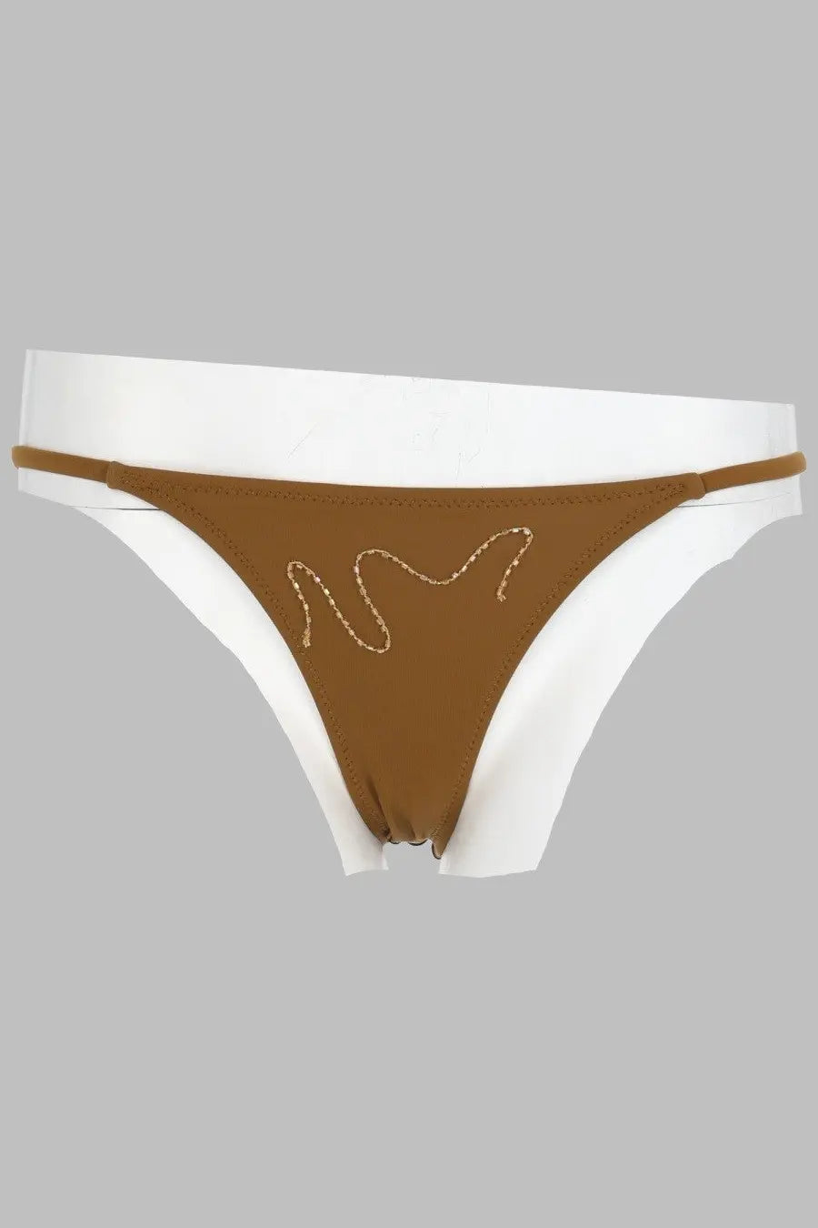 Brown and white thong bikini bottom with gold zigzag stitch detail from paloma wool women’s slip bikini sharpie brown