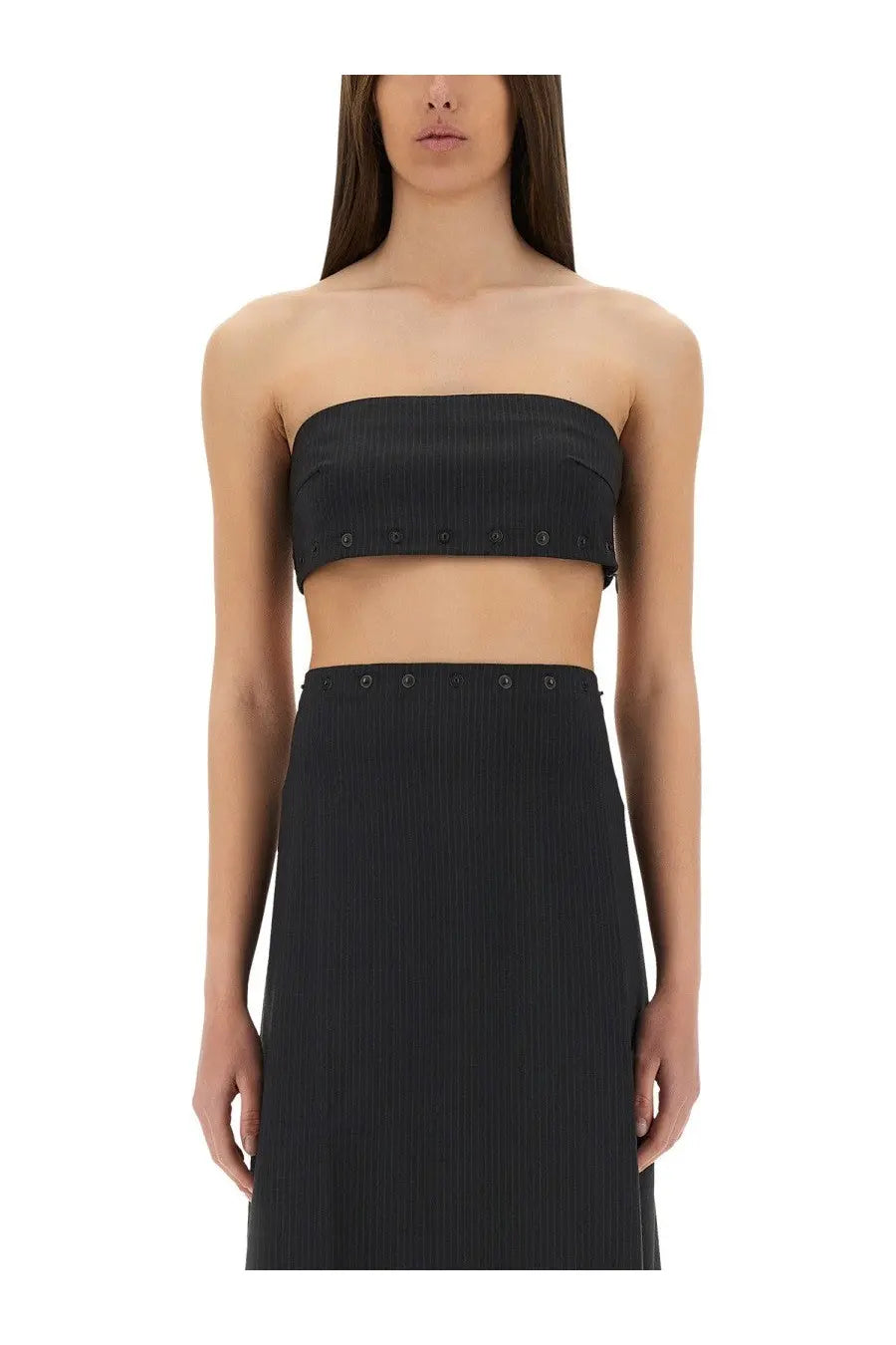 Paloma Wool women’s black strapless top nita grey with subtle vertical ribbing and dark circular button details