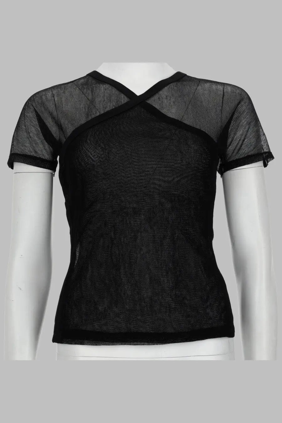 Paloma wool women’s top olimpia in mesh black featuring a black sheer mesh short sleeve with cross over neckline
