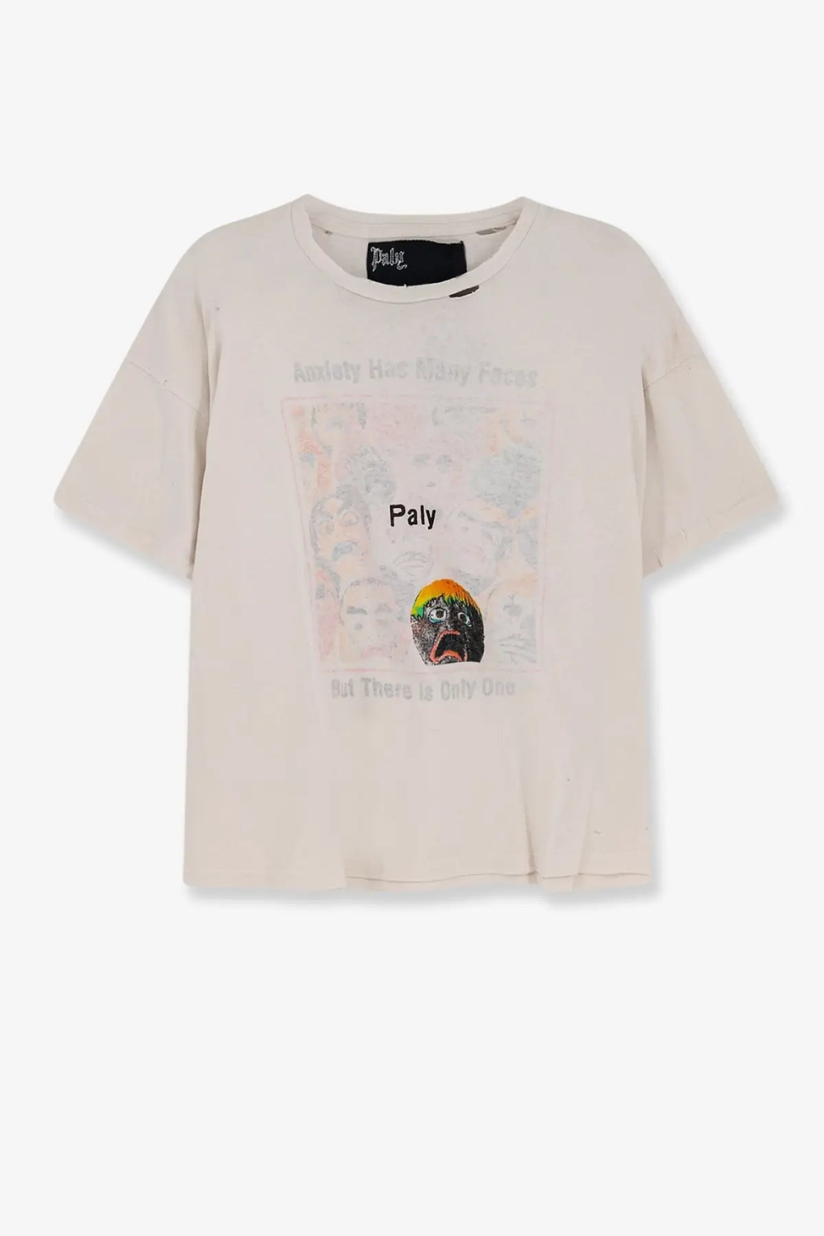 Cream-colored short-sleeved cotton t-shirt by paly with a distressed cartoon face graphic and anxiety-themed text