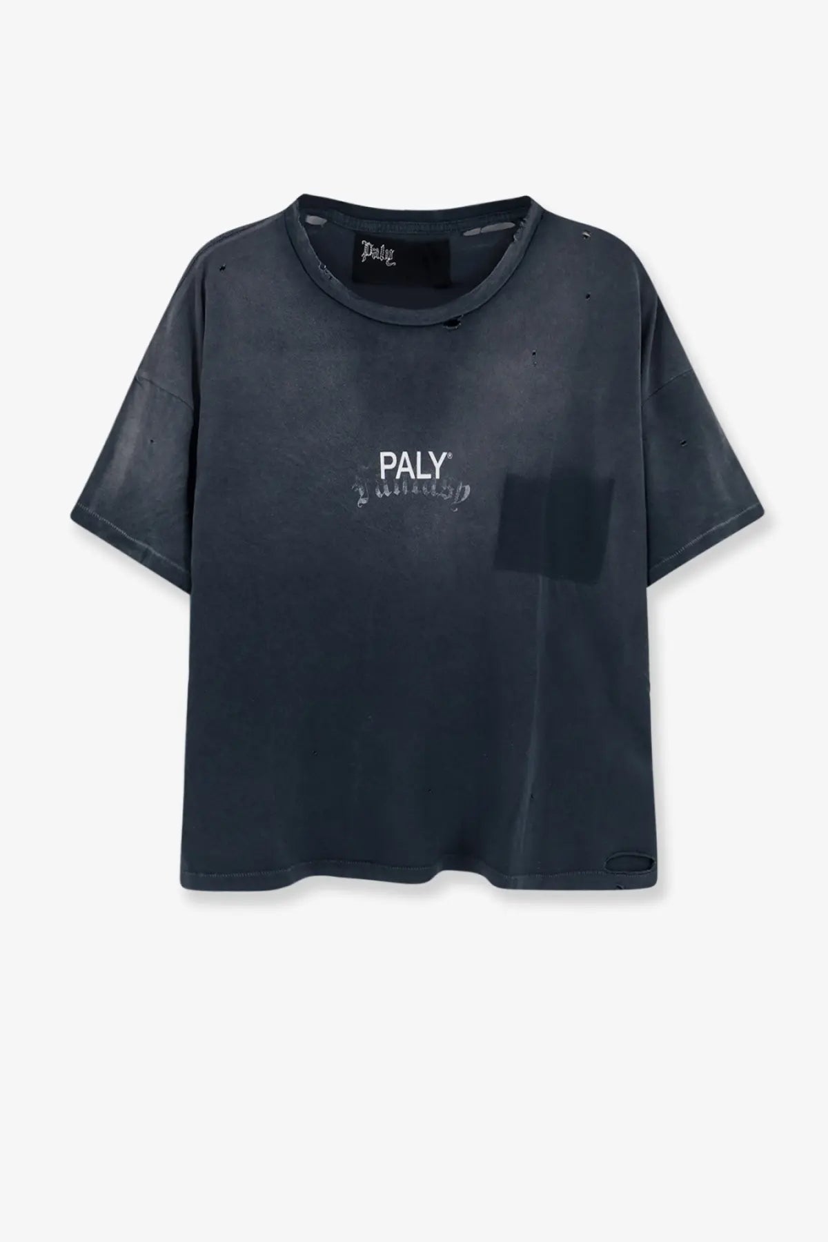 Dark gray distressed paly men’s core cotton t shirt with faded white logo and subtle embroidery in black color