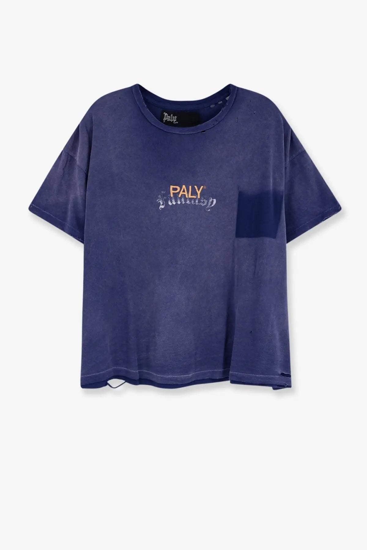 Dark blue slightly faded distressed cotton short sleeve t shirt with paly logo embroidered in orange and white