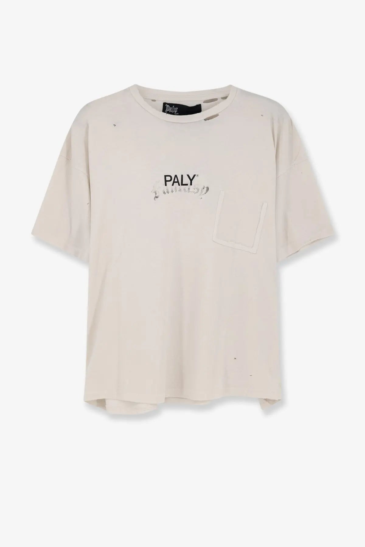 Beige distressed short-sleeve cotton t-shirt with paly branding and chest pocket for men