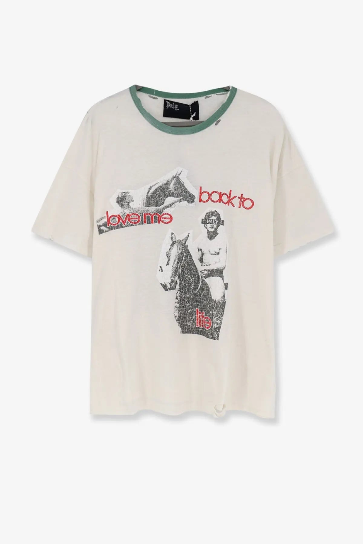 Cream-colored cotton short-sleeve t-shirt with distressed horse graphic and red black text green neckline trim for men