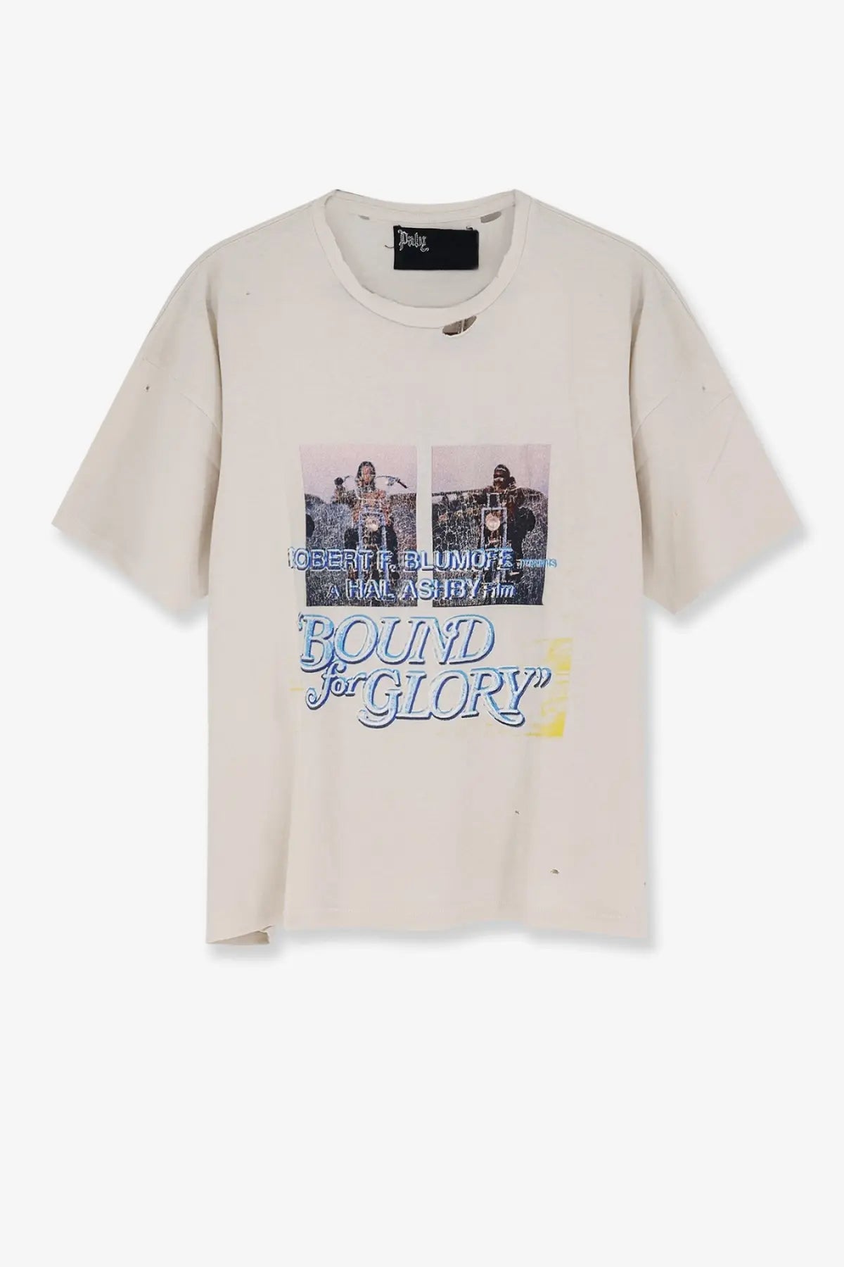Off-white cotton t-shirt featuring vintage black and white photos and bound for glory text in blue script for men