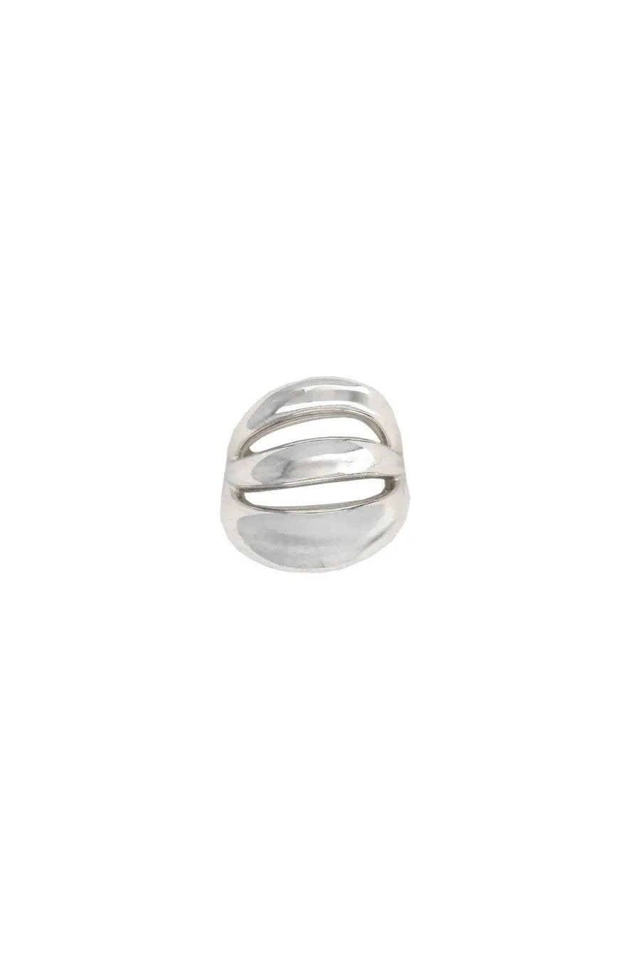 Panconesi women’s anello triptych blow silver ring with silver-toned modern openwork design featuring three curved bands