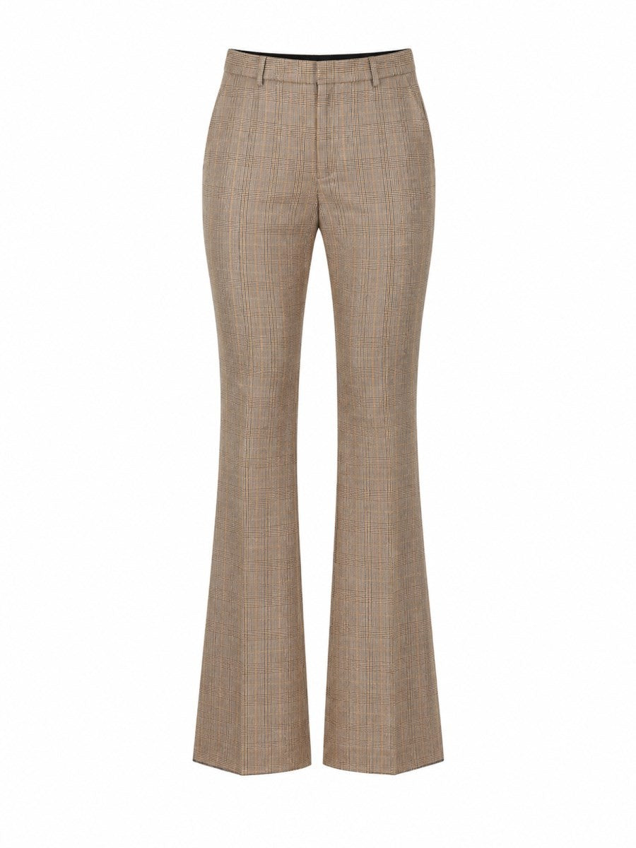 Saint Laurent Women's Wool Pied De Poule Principe Galles Svasato Trousers Beige