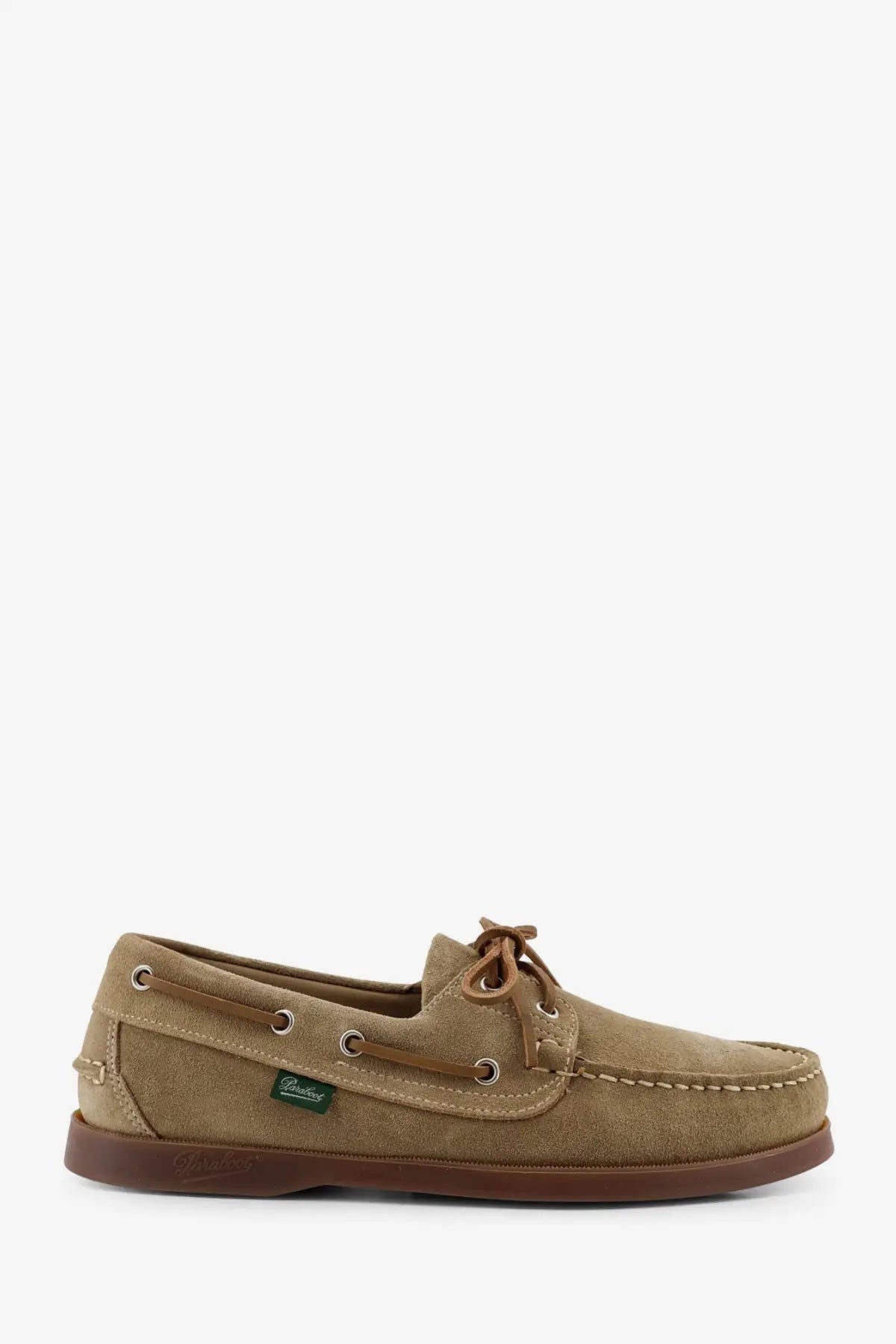 Tan suede boat shoe with brown laces and matching rubber sole from paraboot men’s barth marine suede loafers miel