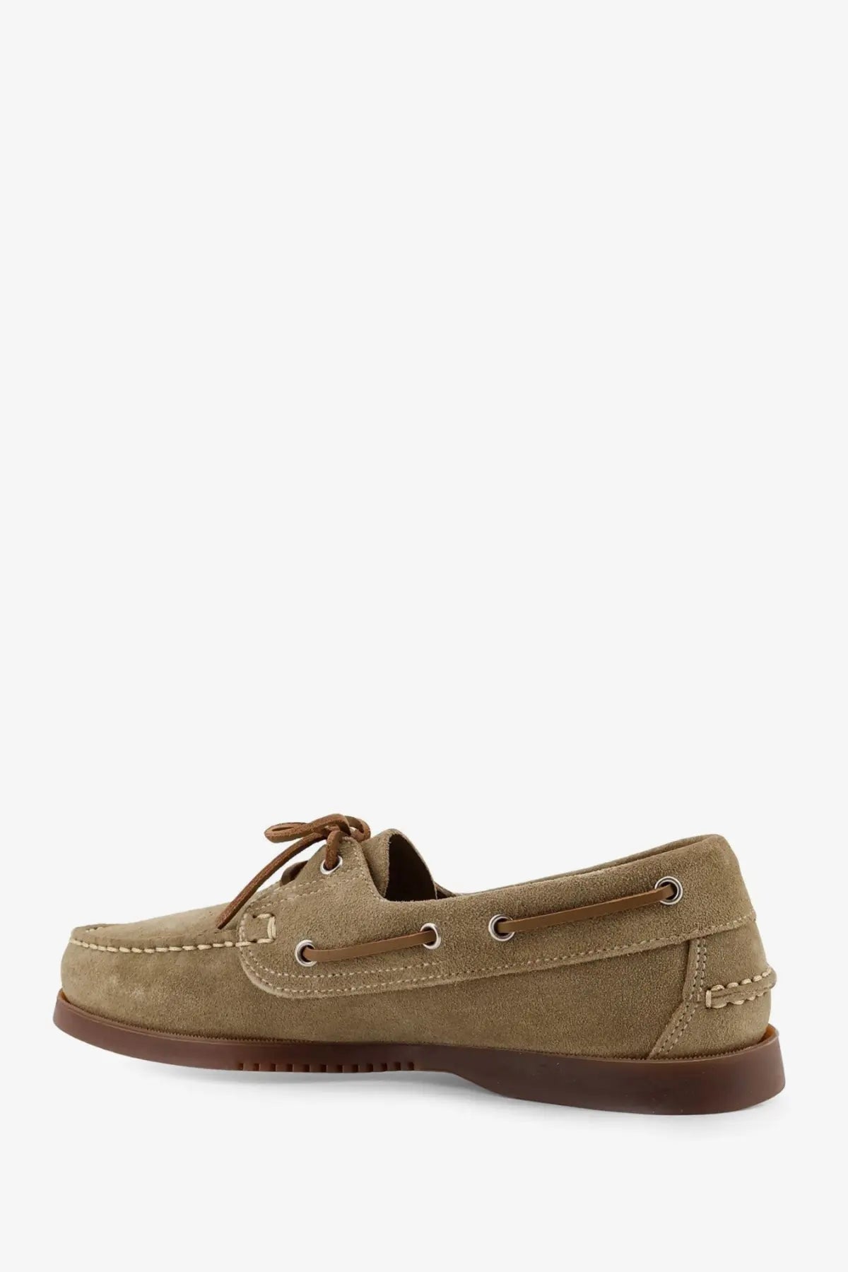 Paraboot men’s Barth Marine tan suede boat shoe with brown laces and matching rubber sole in Miel color