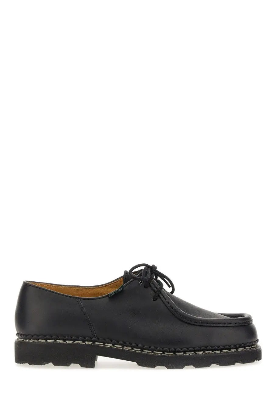 Paraboot men’s black leather lace-up oxford shoe with white stitched sole and tan interior lining