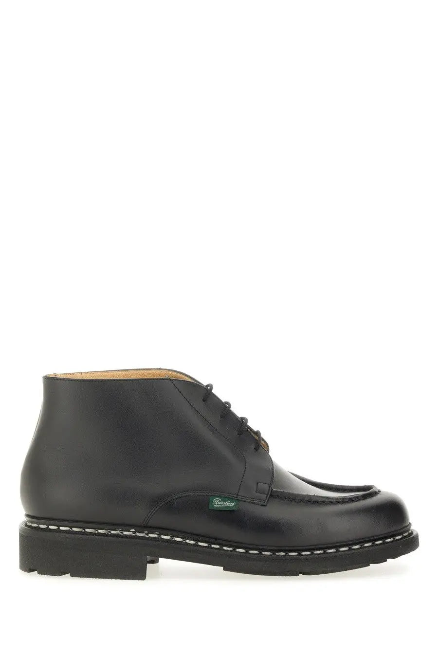 Paraboot men’s leather boot black with classic black leather design white stitching along the sole