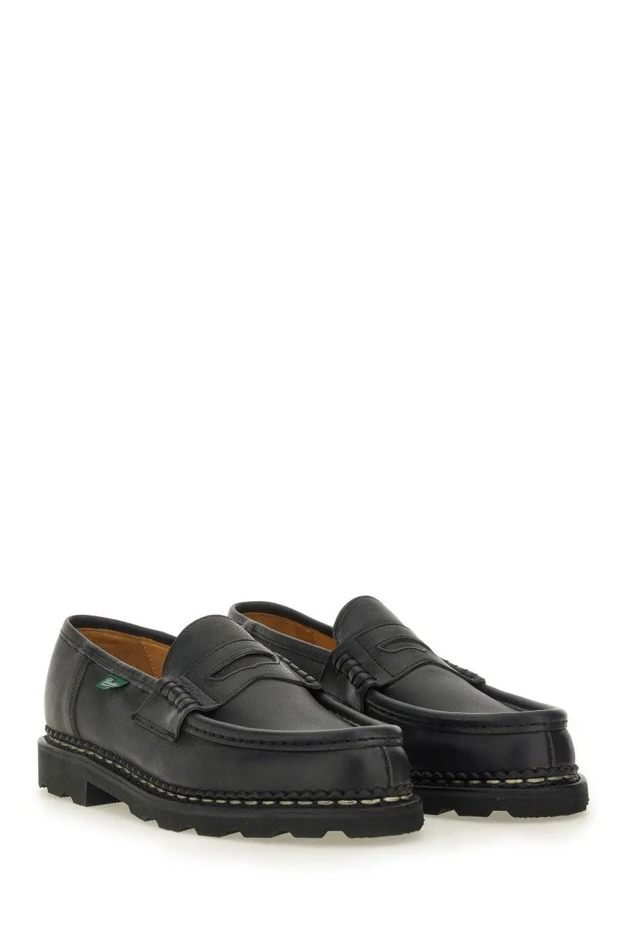 Paraboot men’s black leather loafers with classic penny loafer design, visible stitching, and small green logo inside