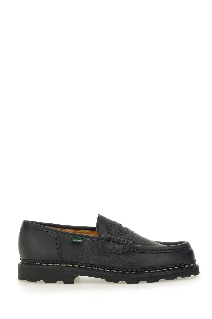 Paraboot men’s black leather penny loafer with textured rubber sole and visible stitching along the edge
