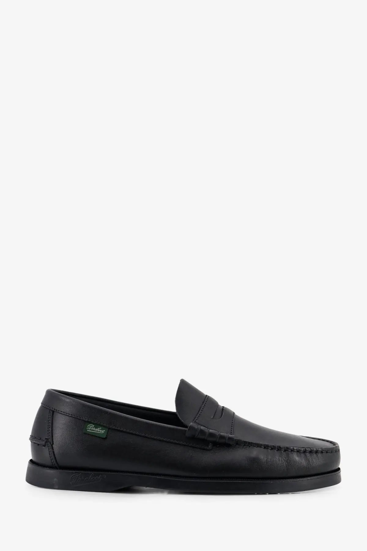 Paraboot men’s black leather loafers with classic penny strap design and subtle stitching details