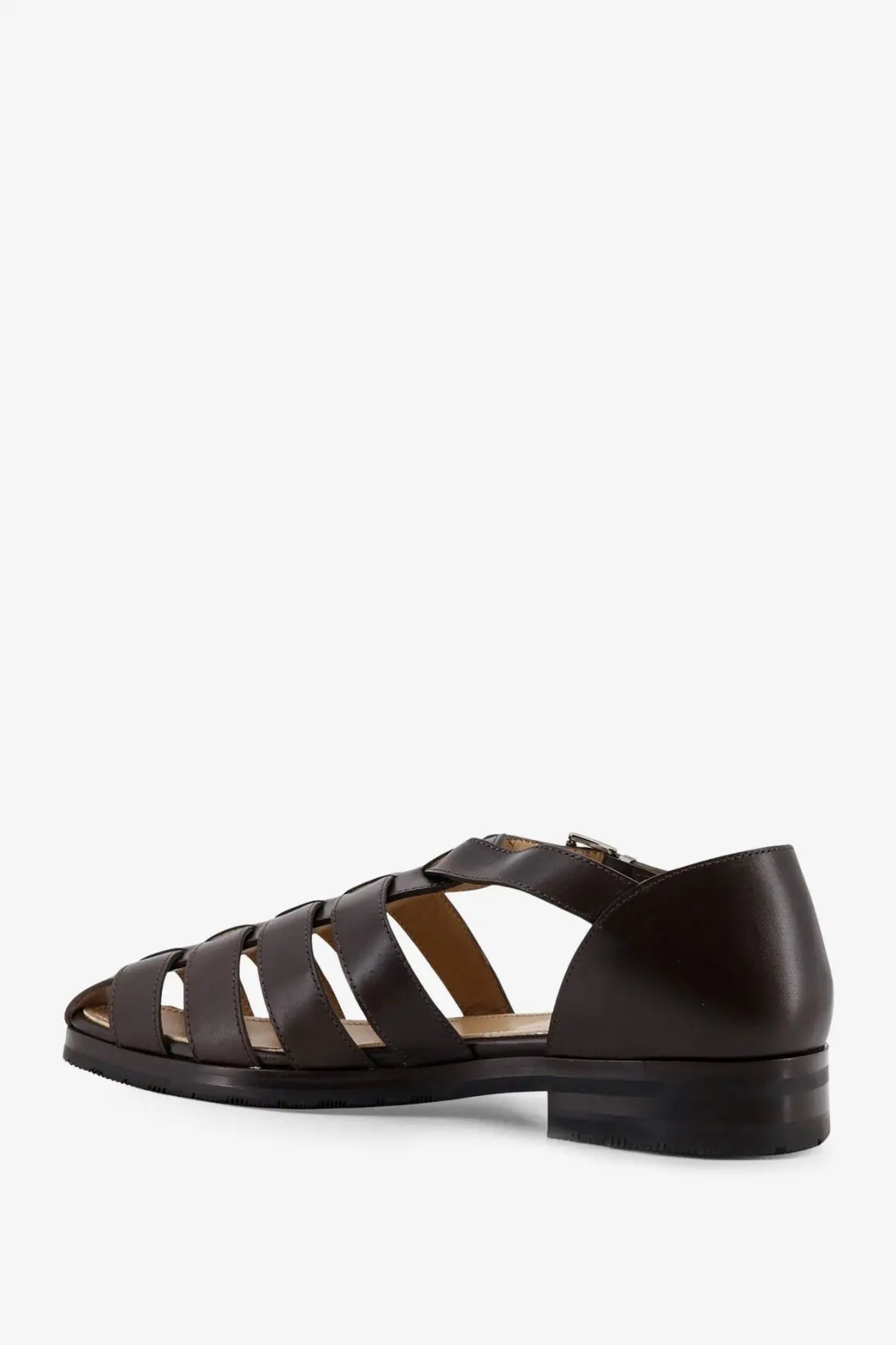 Paraboot men’s leather sandals black with dark brown low block heel and crisscross straps front view