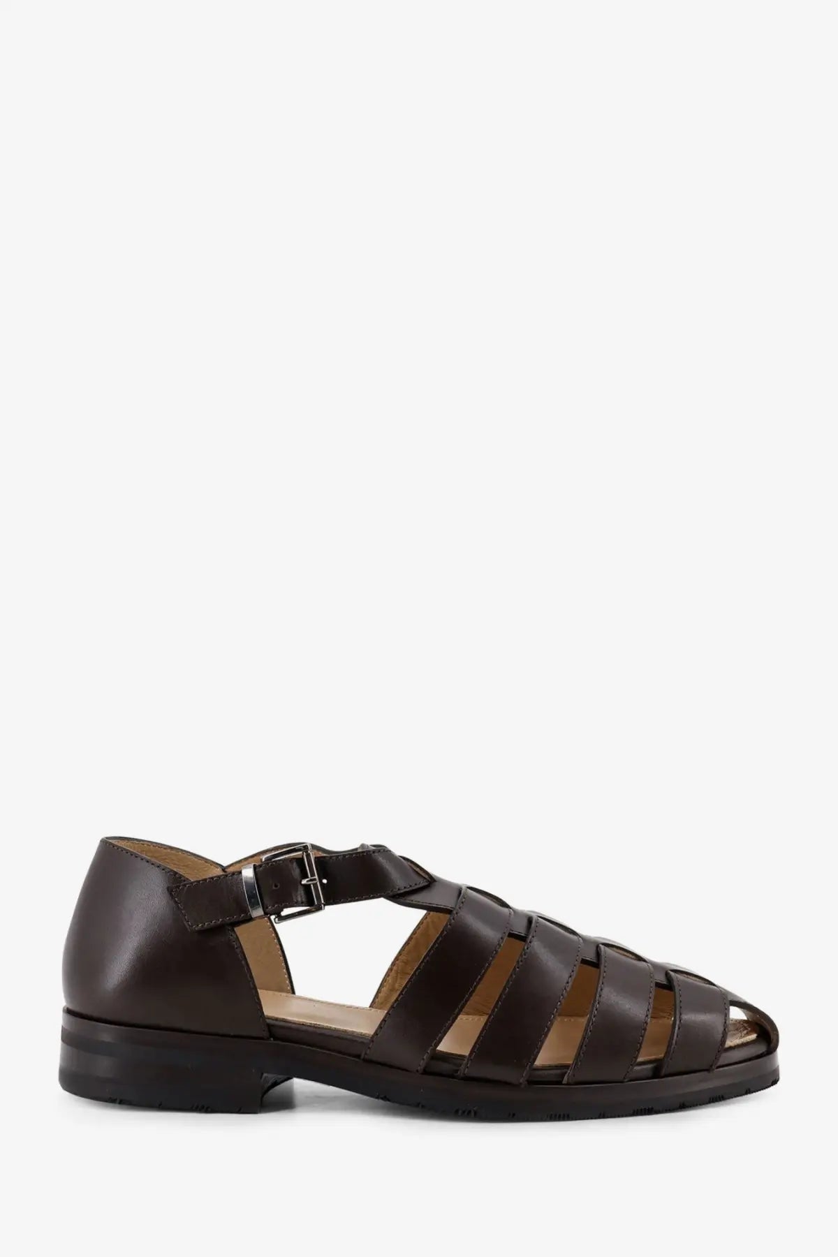 Paraboot men’s leather sandals black featuring dark brown leather with woven strap design and low block heel