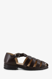 Paraboot men’s leather sandals black featuring dark brown leather with woven strap design and low block heel