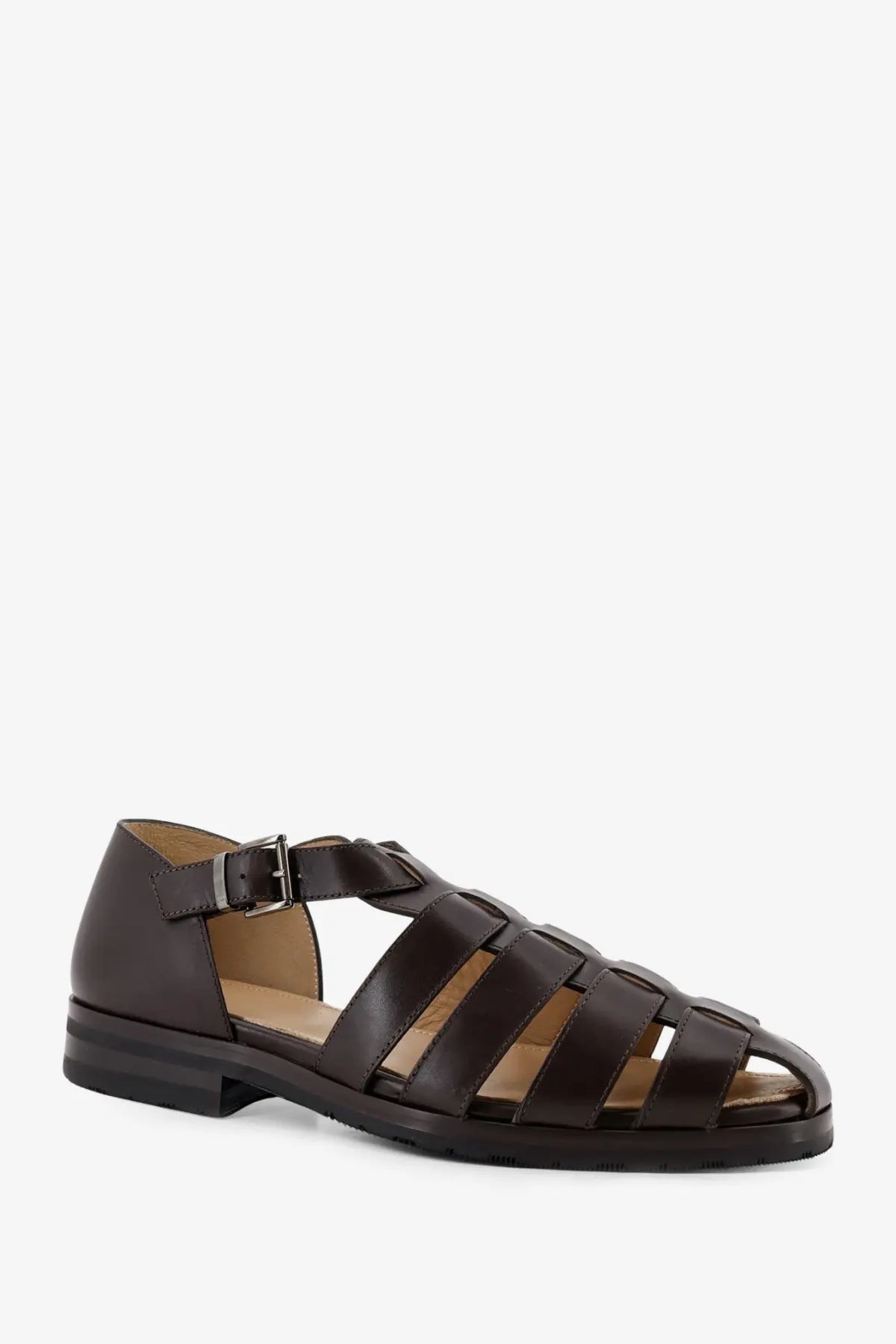 Dark brown leather men’s sandal with woven strap design and low block heel from paraboot in black