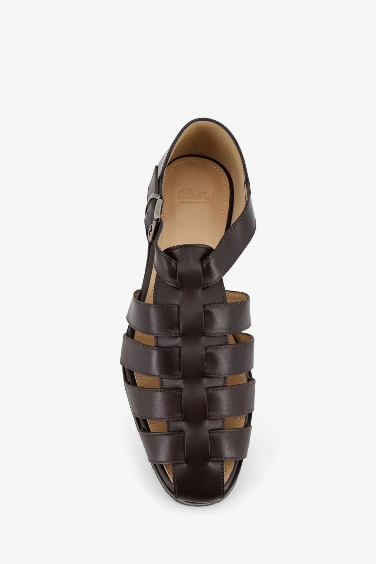 Paraboot men’s black leather sandals with dark brown woven strap design and adjustable ankle buckle