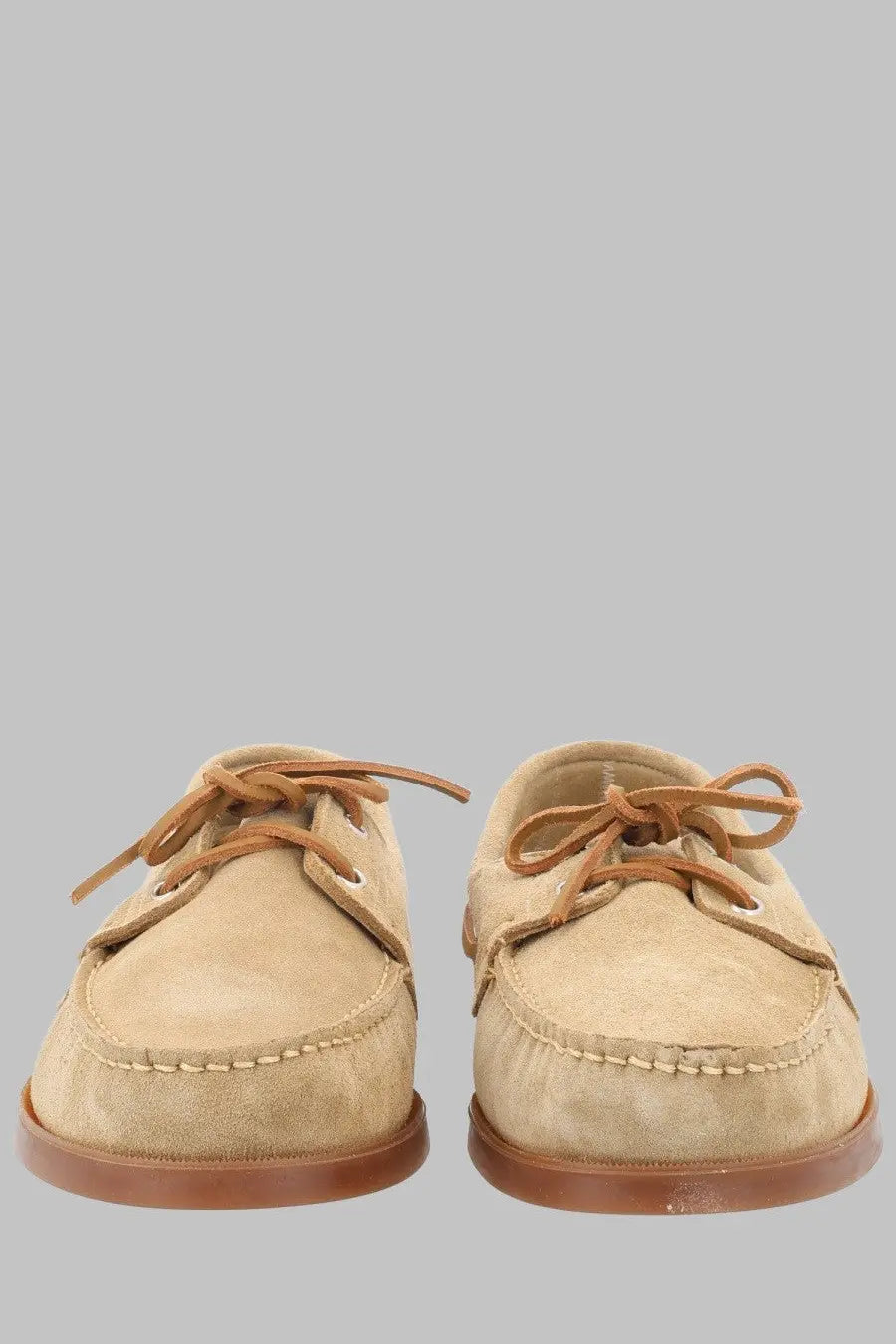 Paraboot men’s mocassino barth beige boat shoes in beige suede with tan laces and brown rubber soles
