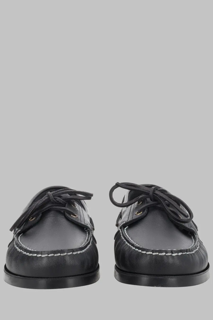 Paraboot men’s mocassino Barth black leather boat shoes with contrasting white stitching and black laces