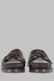 Dark brown leather boat shoes with textured slightly worn finish and contrasting stitching paraboot men’s mocassino barth in pelle brown