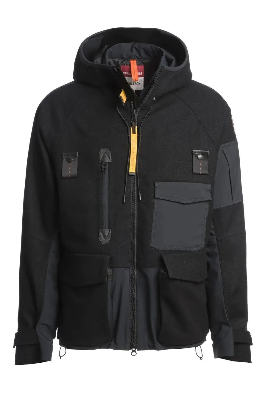 Parajumpers men’s amak ski jacket black with dark gray panels, multiple pockets, and bright yellow zipper pull