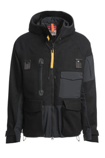 Parajumpers men’s amak ski jacket black with dark gray panels, multiple pockets, and bright yellow zipper pull