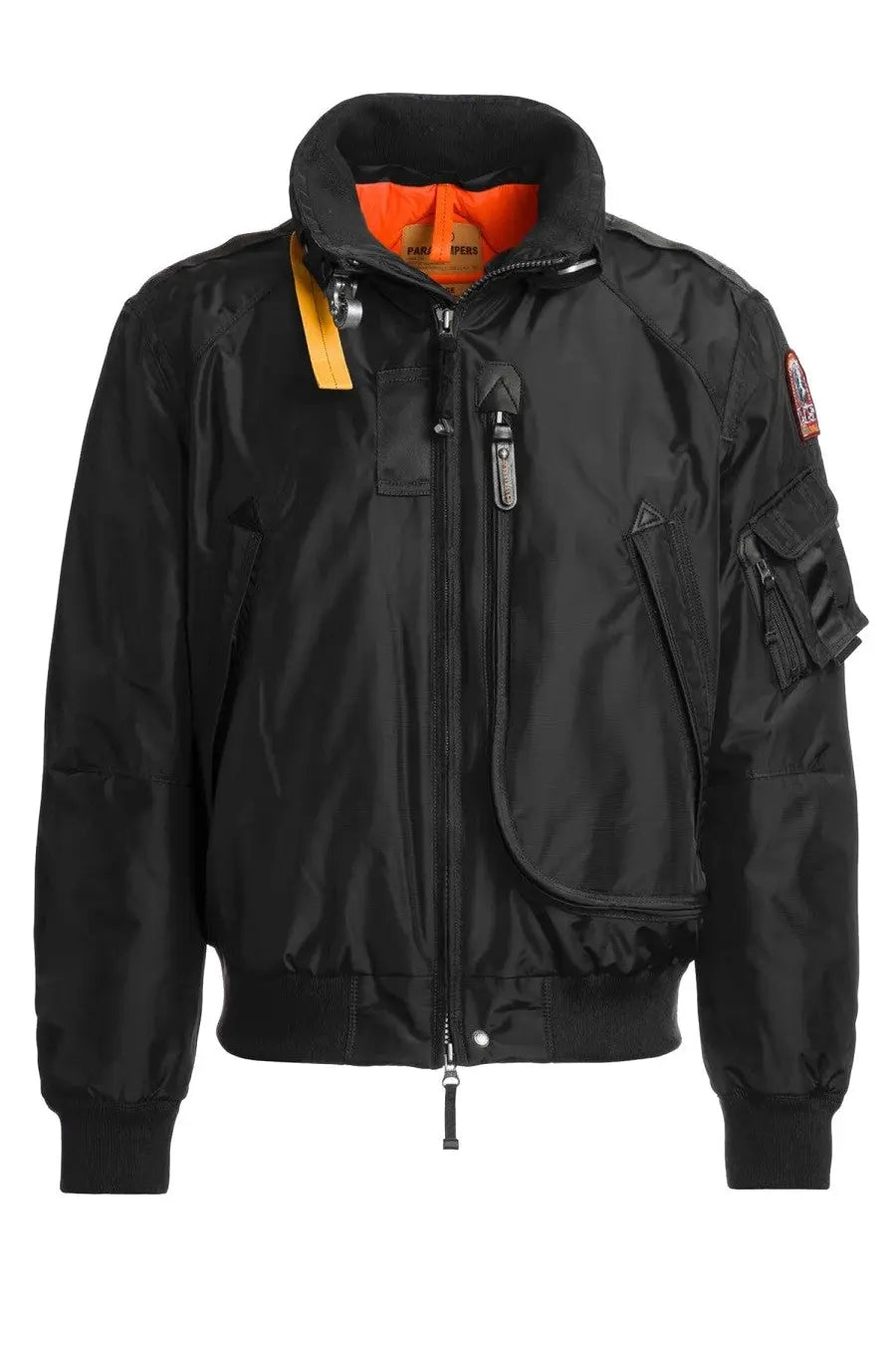 Parajumpers men’s bomber fire black jacket with black fabric, orange lining, and yellow zipper pull detail