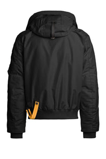 Parajumpers men’s bomber Gobi black puffer jacket with hood and bright orange drawstring at the waist