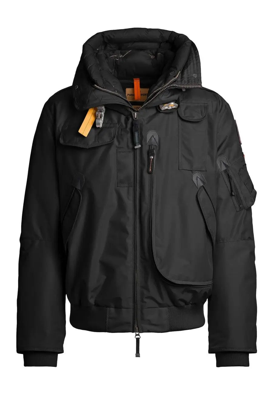 Parajumpers men’s bomber Gobi black waterproof parka with orange brand tag and multiple zippered pockets