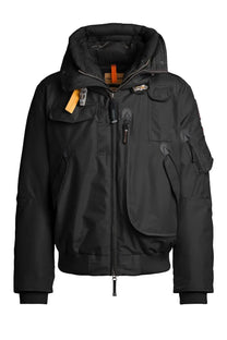 Parajumpers men’s bomber Gobi black waterproof parka with orange brand tag and multiple zippered pockets