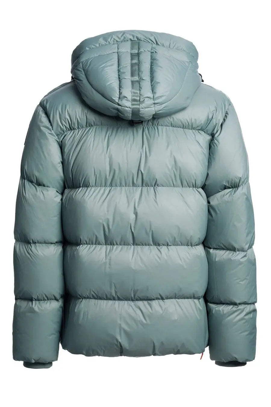 Parajumpers men’s down jacket in cloud grey with a puffy quilted design and attached hood made from lightweight materials