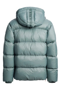 Parajumpers men’s down jacket in cloud grey with a puffy quilted design and attached hood made from lightweight materials