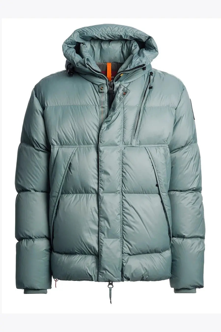 Parajumpers men’s down jacket in matte sage green with quilted design and attached hood for cold weather use