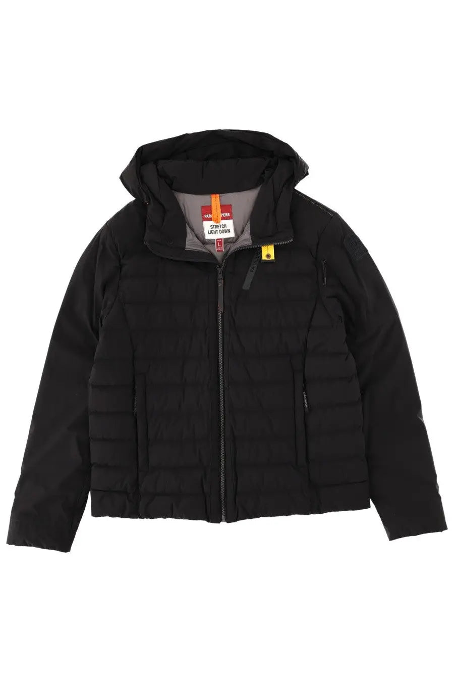 Parajumpers men’s black down jacket colbert with quilted hood, zipper front, and two side pockets