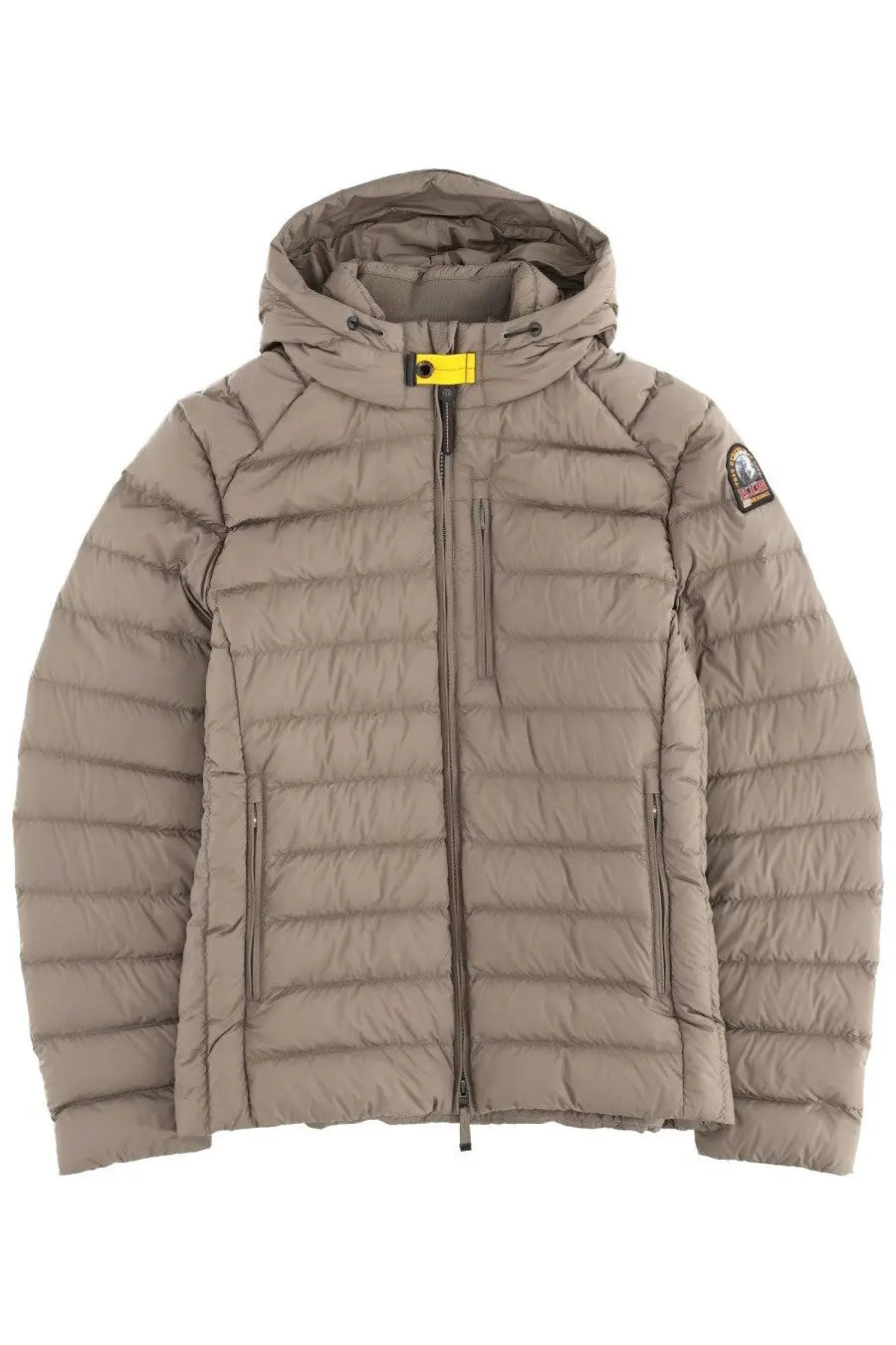 Beige quilted puffer jacket with hood and yellow zipper pull in parajumpers men’s down jacket last minute green