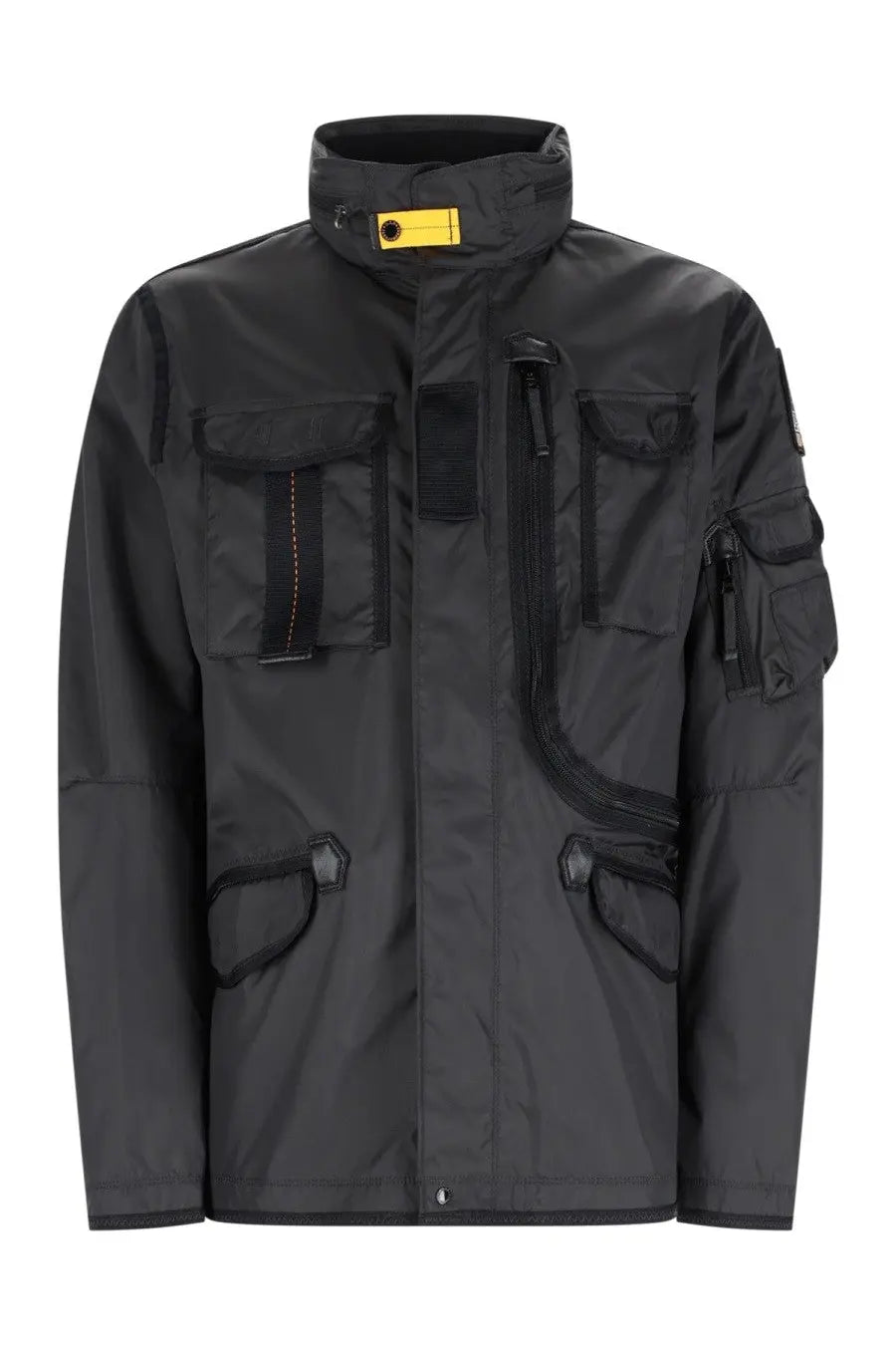 Parajumpers men’s giacca morgan spring black tactical jacket with high collar multiple pockets and yellow branding on neck