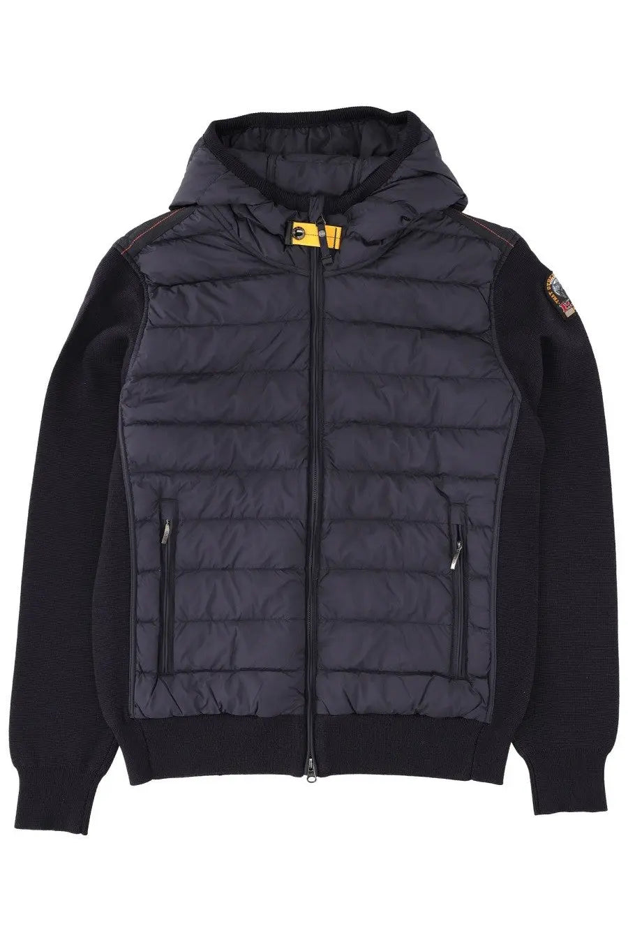 Parajumpers men’s black puffer jacket with quilted chest panel, ribbed cuffs, hem, yellow zipper pull, and sleeve patch