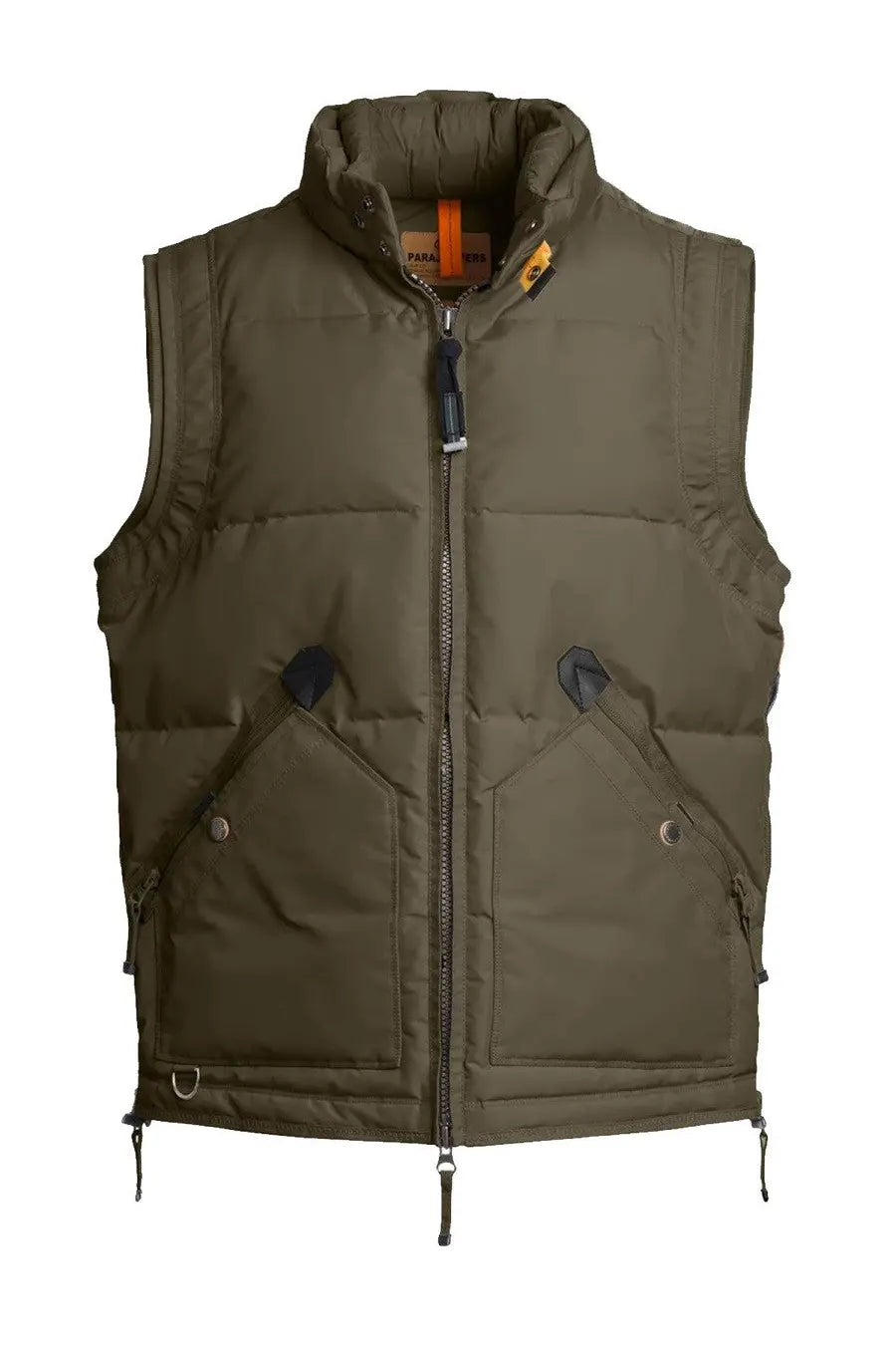 Parajumpers men’s kobuk vest green olive green puffer vest with quilted design, front zipper, and navy leather-like pocket flaps