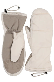 Beige and taupe parajumpers unisex hollywood puffer mittens with quilted design, drawstring cuff, and textured palm grip