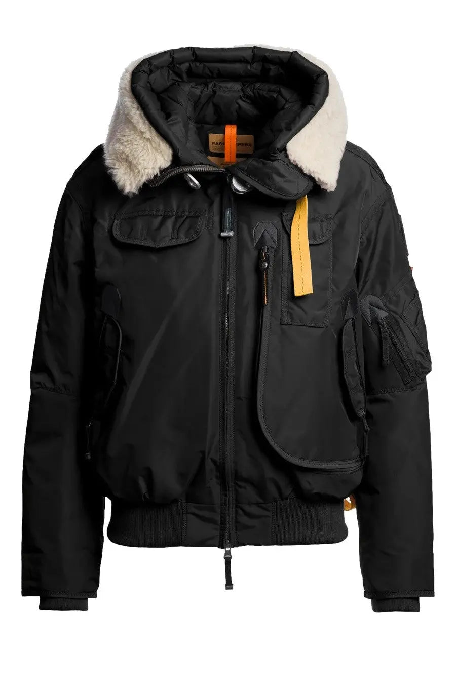 Parajumpers women’s Gobi jacket black with cream shearling-lined hood and orange zipper pulls in men’s parka style