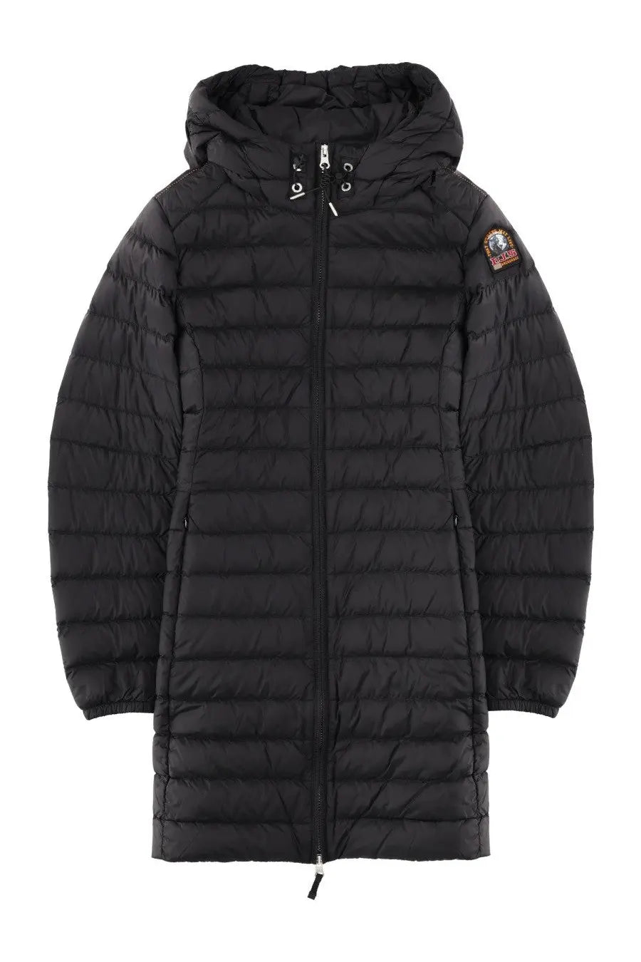 Black quilted hooded puffer coat with subtle sheen and embroidered logo on left shoulder parajumpers women meredith jacket
