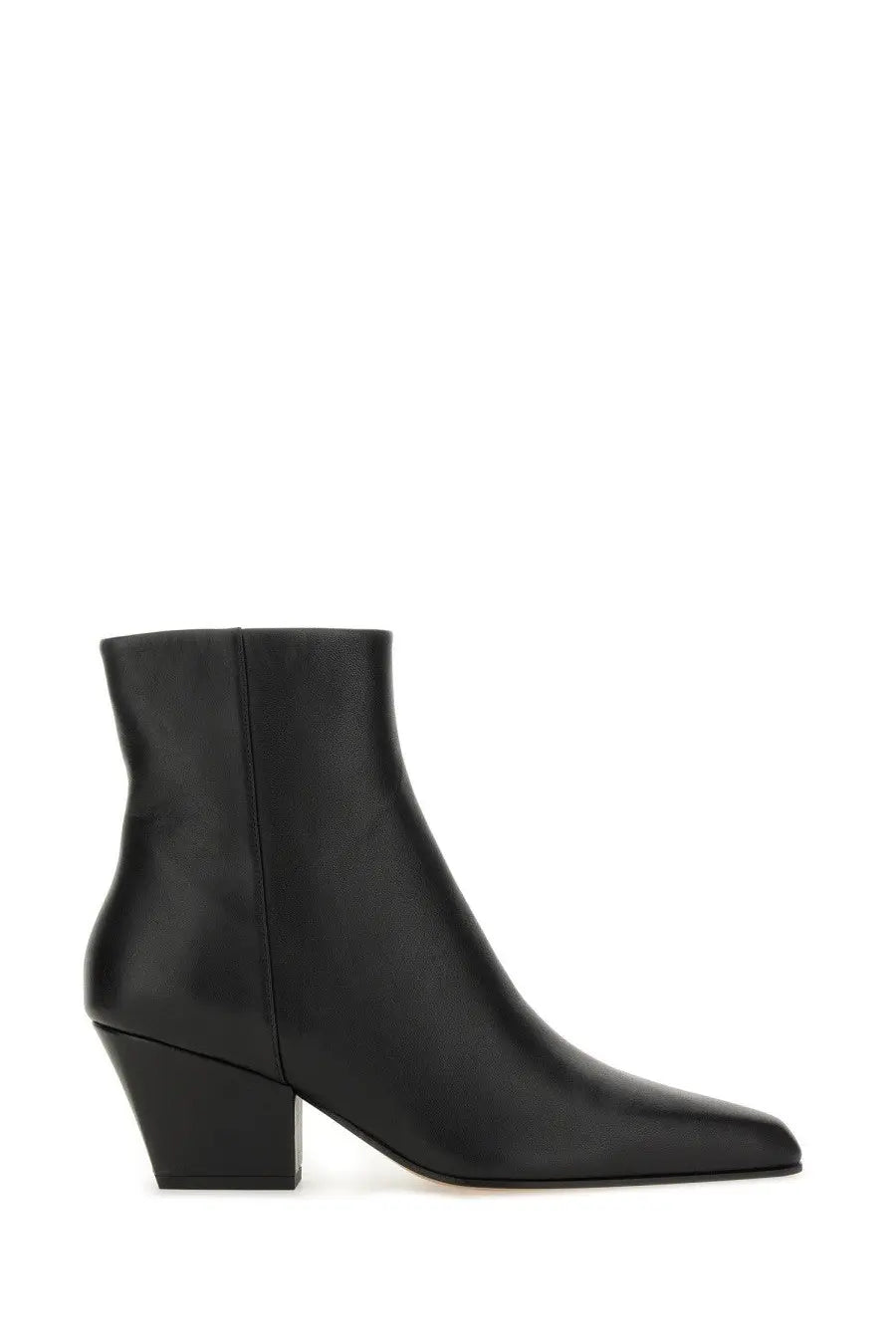 Paris Texas women’s ankle boot jane black black leather pointed toe block heel design visible from front angle