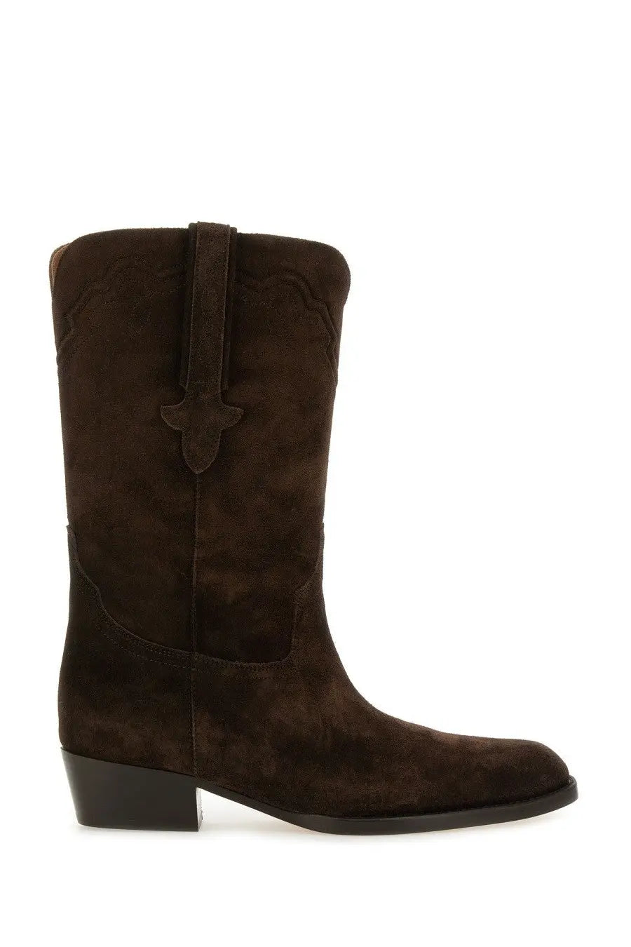 Dark brown suede paris texas women’s boot hilda with stitched decorative strap and low block heel