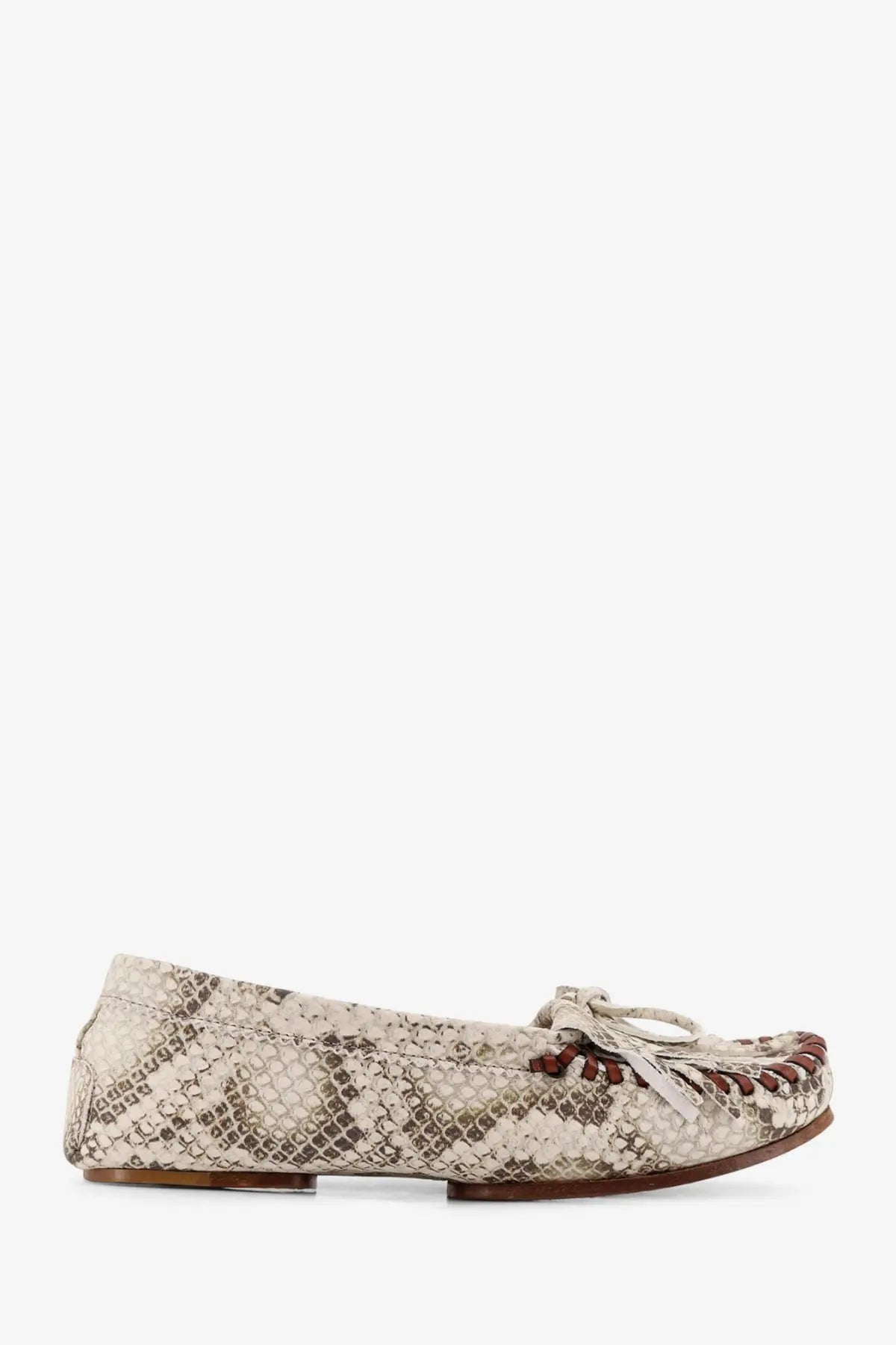 Beige snake-print leather moccasin with brown stitching and a frayed bow from paris texas women’s loafers white collection